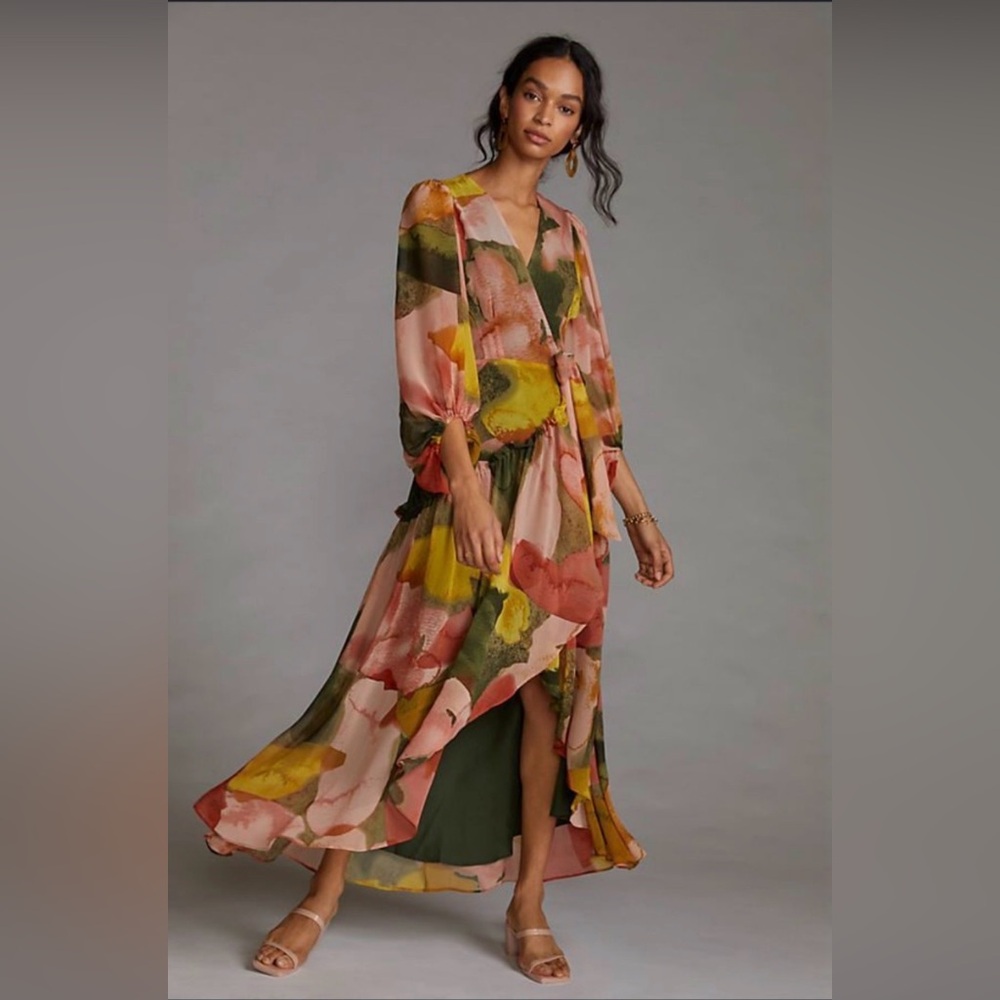 Hutch Geo Wrap Watercolor High-Low Maxi Dress